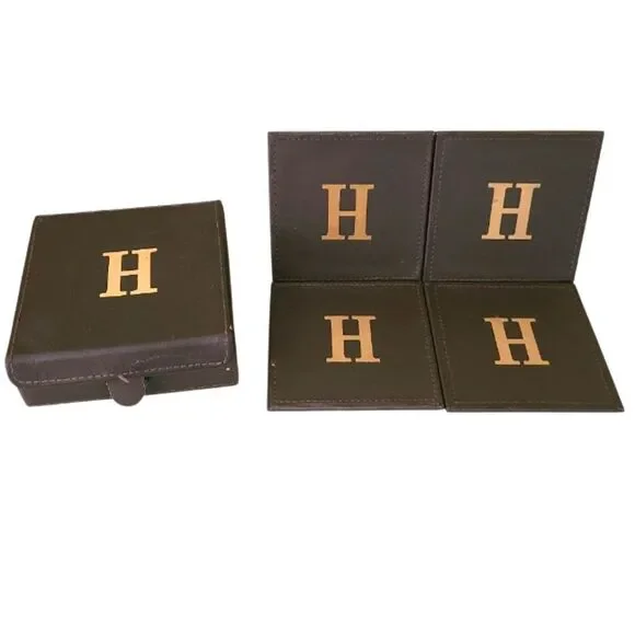 charge it by joey set of 4 brown leather coasters monogrammed with letter H - Picture 1 of 5